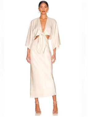 Shone Joy La Lune Tie Front Bias MIDI Dress in Cream 4